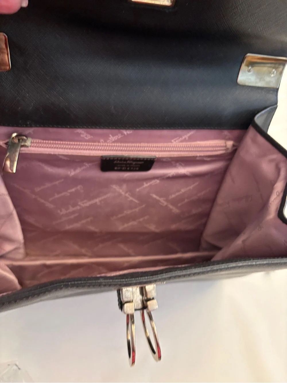 Salvatore Ferragamo Double Gancini Top Handle Black Leather Bag Made in Italy